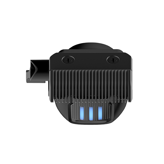 Close-up of black high performance cordless hair clipper blade with blue indicator lights