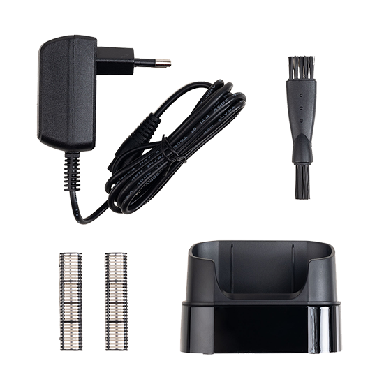 Charger, cleaning brush, two replacement blades, and black charging dock for high speed barber shaver 8800 RPM