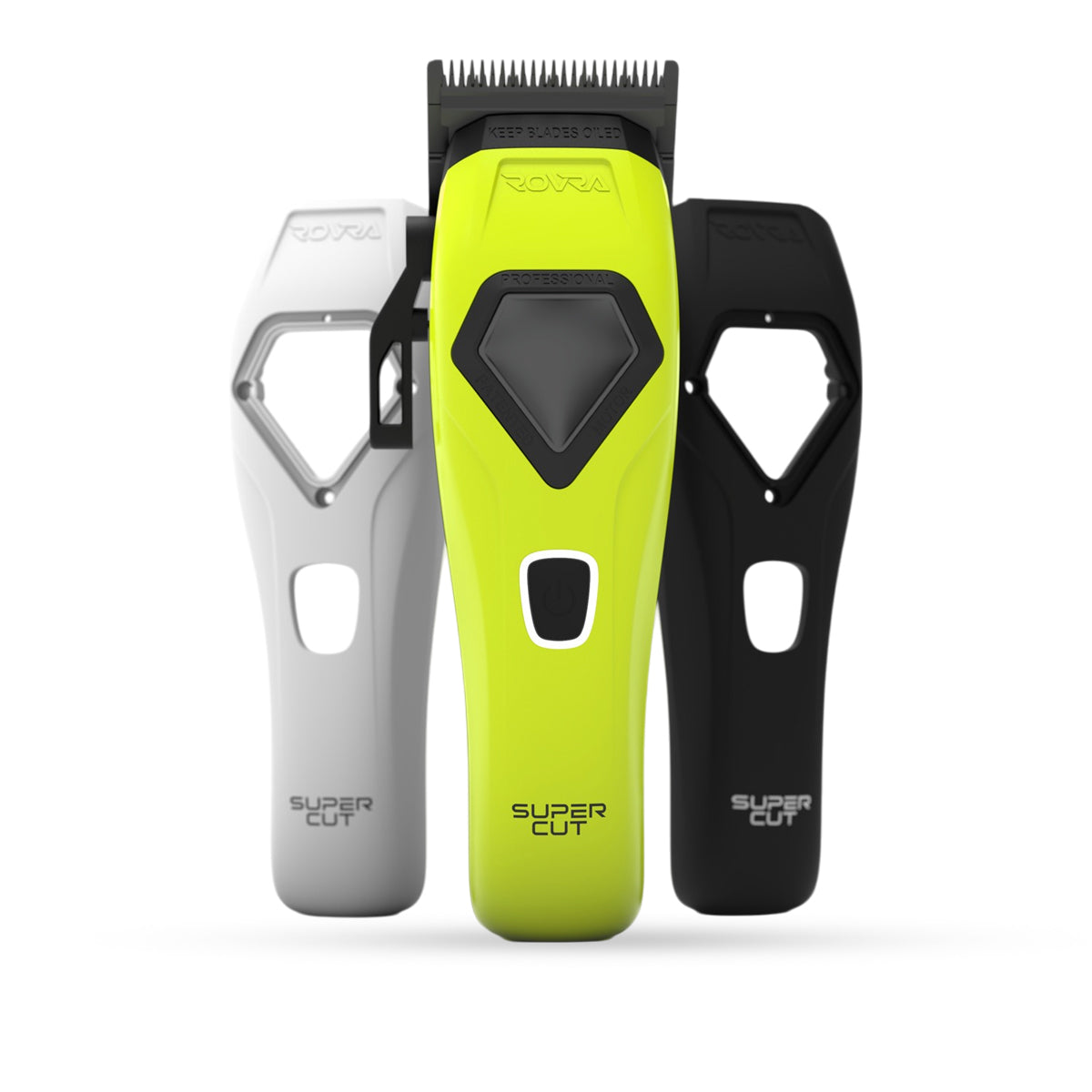 Rovra super cut hair clipper 10000 RPM with three interchangeable covers in lime green, white, and black
