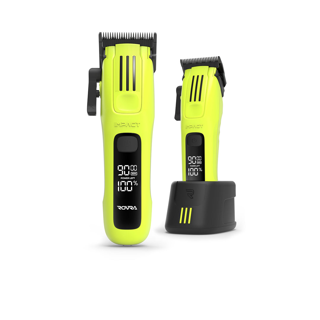 ROVRA professional hair clippers with blue accents and digital display on white background