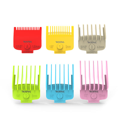 Magnetic colored clipper guides for ROVRA, ranging from 0.5 to 4 mm, with vibrant color coding for precise hair trimming.