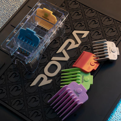 Colored magnetic guide guards for hair clippers, 0.5 to 4 mm, shown laid out with clippers, compatible with ROVRA brand.