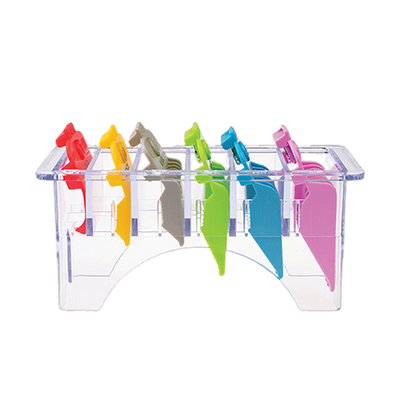 Colored magnetic guides for hair clippers, 0.5 to 4 mm, organized in a clear stand for precise haircutting by My Store.