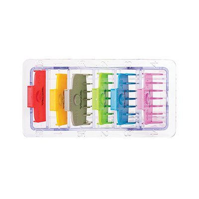 Colored magnetic guide guards for hair clippers from ROVRA, 0.5 to 4 mm length, stored in a clear holder, top view.